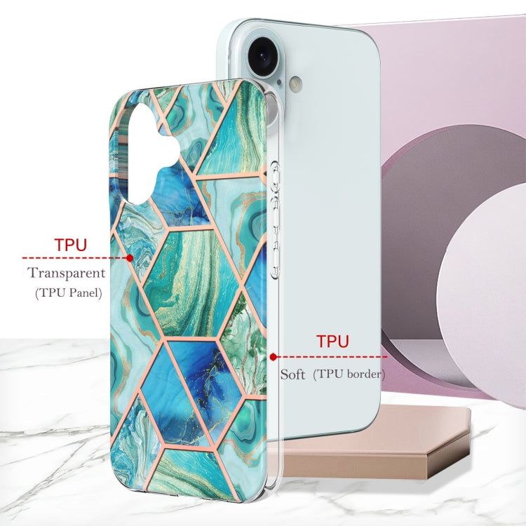 For iPhone 16 Plus Electroplating Splicing Marble Flower Pattern Dual-side IMD TPU Shockproof Phone Case(Green) - iPhone 16 Plus Cases by buy2fix | Online Shopping UK | buy2fix