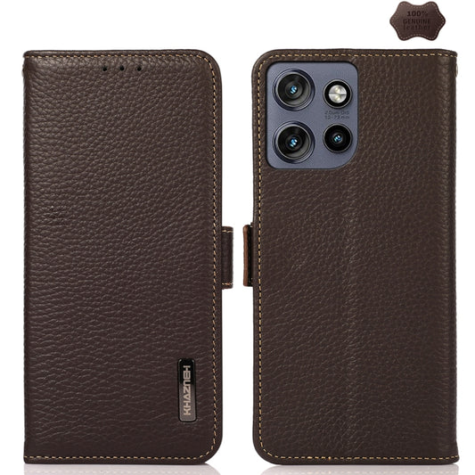 For Motorola Edge 50 5G KHAZNEH Side-Magnetic Litchi Genuine Leather RFID Phone Case(Brown) - Motorola Cases by buy2fix | Online Shopping UK | buy2fix