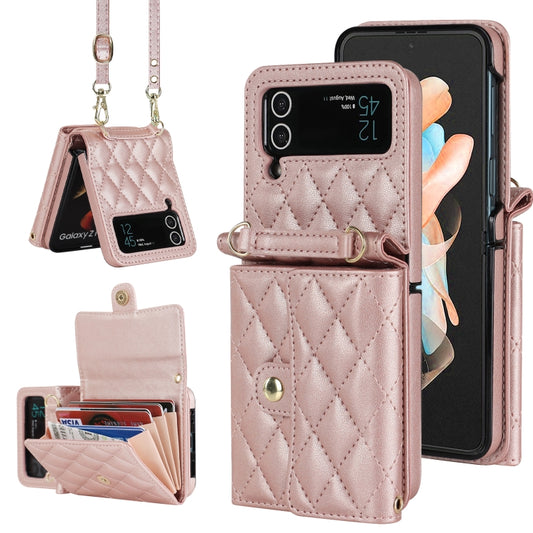 For Samsung Galaxy Z Flip4 Rhombic Texture Card Bag PU Phone Case with Long Lanyard(Rose Gold) - Galaxy Z Flip4 5G Cases by buy2fix | Online Shopping UK | buy2fix