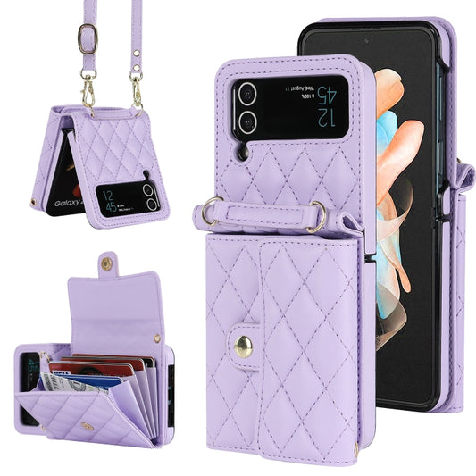 For Samsung Galaxy Z Flip3 Rhombic Texture Card Bag PU Phone Case with Long Lanyard(Purple) - Galaxy Phone Cases by buy2fix | Online Shopping UK | buy2fix