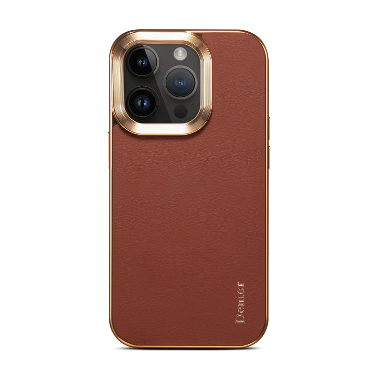 For iPhone 15 Pro Max Denior Cowhide Leather Plating Phone Case(Brown) - iPhone 15 Pro Max Cases by Denior | Online Shopping UK | buy2fix