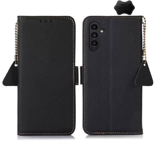 For Samsung Galaxy M34 5G Side-Magnetic TJ Genuine Leather RFID Phone Case(Black) - Galaxy Phone Cases by buy2fix | Online Shopping UK | buy2fix