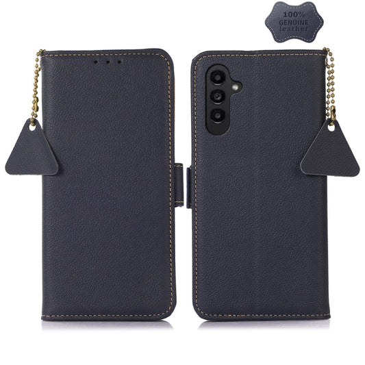 For Samsung Galaxy M34 5G Side-Magnetic TJ Genuine Leather RFID Phone Case(Blue) - Galaxy Phone Cases by buy2fix | Online Shopping UK | buy2fix