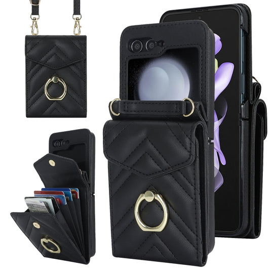 For Samsung Galaxy Z Flip5 V-shaped RFID Card Slot Phone Case with Ring Holder(Black) - Galaxy Z Flip5 Cases by buy2fix | Online Shopping UK | buy2fix