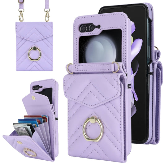 For Samsung Galaxy Z Flip5 V-shaped RFID Card Slot Phone Case with Ring Holder(Purple) - Galaxy Z Flip5 Cases by buy2fix | Online Shopping UK | buy2fix