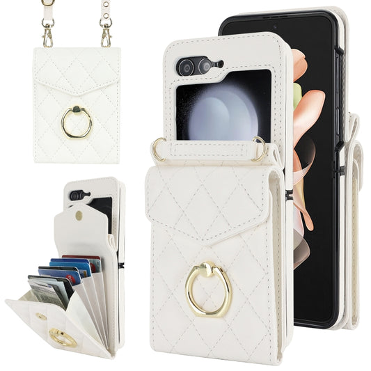 For Samsung Galaxy Z Flip5 Diamond Lattice RFID Card Slot Phone Case with Ring Holder(White) - Galaxy Z Flip5 Cases by buy2fix | Online Shopping UK | buy2fix