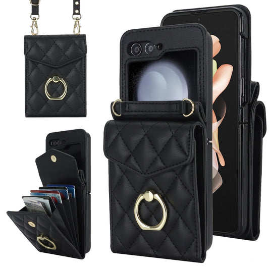 For Samsung Galaxy Z Flip5 Diamond Lattice RFID Card Slot Phone Case with Ring Holder(Black) - Galaxy Z Flip5 Cases by buy2fix | Online Shopping UK | buy2fix