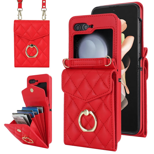 For Samsung Galaxy Z Flip5 Diamond Lattice RFID Card Slot Phone Case with Ring Holder(Red) - Galaxy Z Flip5 Cases by buy2fix | Online Shopping UK | buy2fix