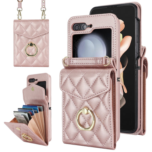 For Samsung Galaxy Z Flip5 Diamond Lattice RFID Card Slot Phone Case with Ring Holder(Rose Gold) - Galaxy Z Flip5 Cases by buy2fix | Online Shopping UK | buy2fix