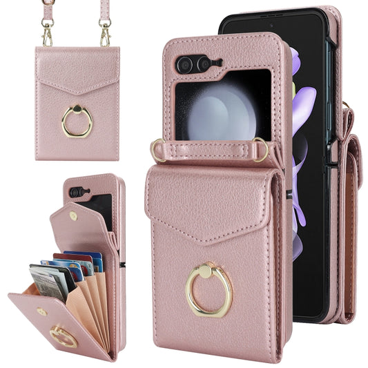 For Samsung Galaxy Z Flip5 Litchi Texture RFID Card Slot Phone Case with Ring Holder(Rose Gold) - Galaxy Z Flip5 Cases by buy2fix | Online Shopping UK | buy2fix