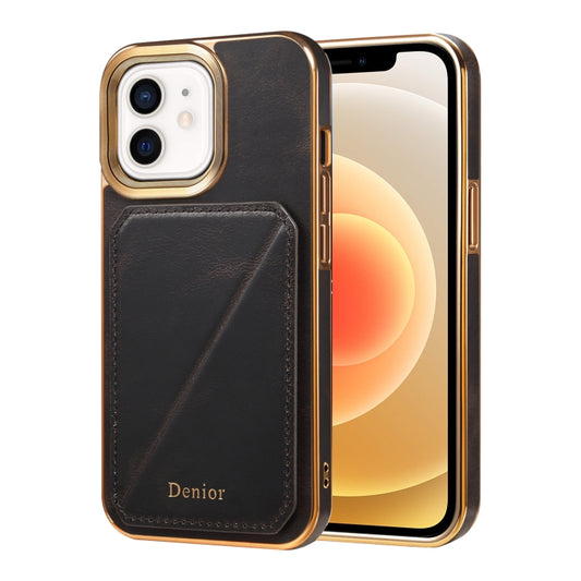 For iPhone 12 / 12 Pro Denior Oil Wax Leather Electroplating Card Slot Holder Phone Case(Black) - iPhone 12 / 12 Pro Cases by Denior | Online Shopping UK | buy2fix