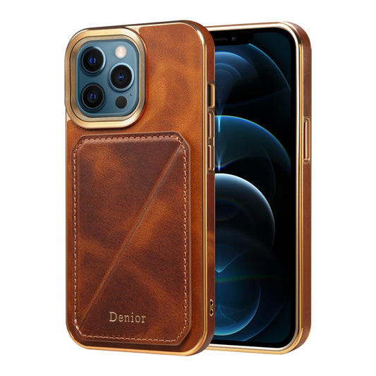 For iPhone 12 Pro Max Denior Oil Wax Leather Electroplating Card Slot Holder Phone Case(Brown) - iPhone 12 Pro Max Cases by Denior | Online Shopping UK | buy2fix