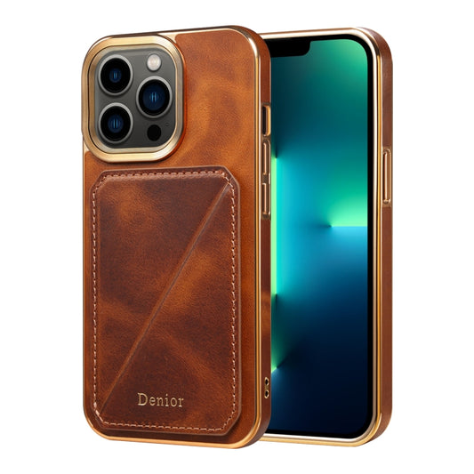 For iPhone 13 Pro Max Denior Oil Wax Leather Electroplating Card Slot Holder Phone Case(Brown) - iPhone 13 Pro Max Cases by Denior | Online Shopping UK | buy2fix