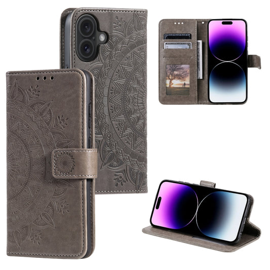 For iPhone 16 Plus Totem Flower Embossed Leather Phone Case(Grey) - iPhone 16 Plus Cases by buy2fix | Online Shopping UK | buy2fix