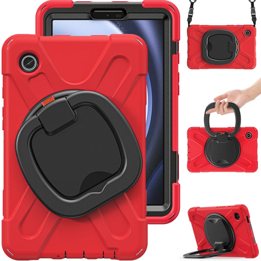 For Samsung Galaxy Tab A9 Silicone Hybrid PC Tablet Case with Holder & Shoulder Strap(Red) - Galaxy Tab A9 by buy2fix | Online Shopping UK | buy2fix