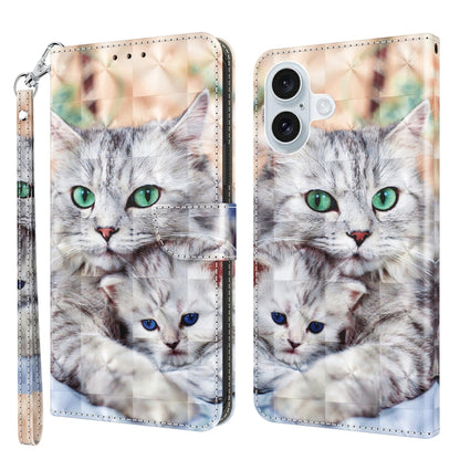 For iPhone 16 3D Painted Leather Phone Case(Two Loving Cats) - iPhone 16 Cases by buy2fix | Online Shopping UK | buy2fix