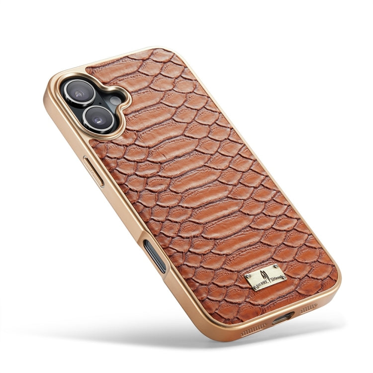 For iPhone 16 Plus Fierre Shann Python Texture Electroplating PU Phone Case(Brown) - iPhone 16 Plus Cases by FIERRE SHANN | Online Shopping UK | buy2fix