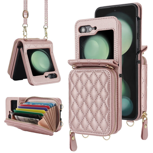 For Samsung Galaxy Z Flip5 Rhombic Texture Card Bag Phone Case with Dual Lanyard(Rose Gold) - Galaxy Z Flip5 Cases by buy2fix | Online Shopping UK | buy2fix