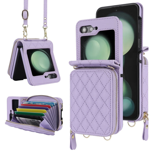 For Samsung Galaxy Z Flip5 Rhombic Texture Card Bag Phone Case with Dual Lanyard(Purple) - Galaxy Z Flip5 Cases by buy2fix | Online Shopping UK | buy2fix