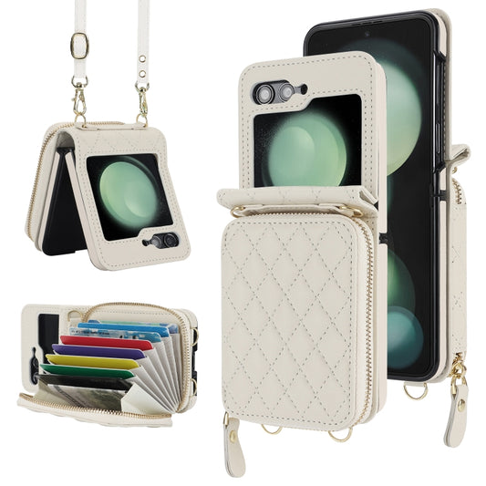 For Samsung Galaxy Z Flip5 Rhombic Texture Card Bag Phone Case with Dual Lanyard(White) - Galaxy Z Flip5 Cases by buy2fix | Online Shopping UK | buy2fix