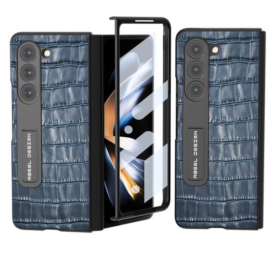 For Samsung Galaxy Z Fold5 ABEEL Integrated Crocodile Texture Genuine Leather Phone Case with Holder(Blue) - Galaxy Z Fold5 Cases by buy2fix | Online Shopping UK | buy2fix