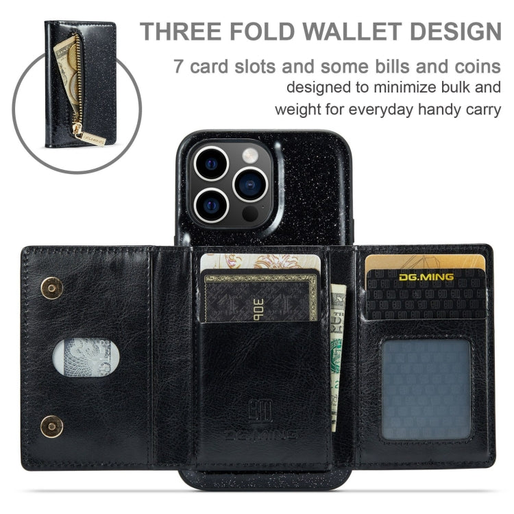 For iPhone 15 Pro Max DG.MING M3 Series Glitter Powder Card Bag Leather Phone Case(Black) - iPhone 15 Pro Max Cases by DG.MING | Online Shopping UK | buy2fix