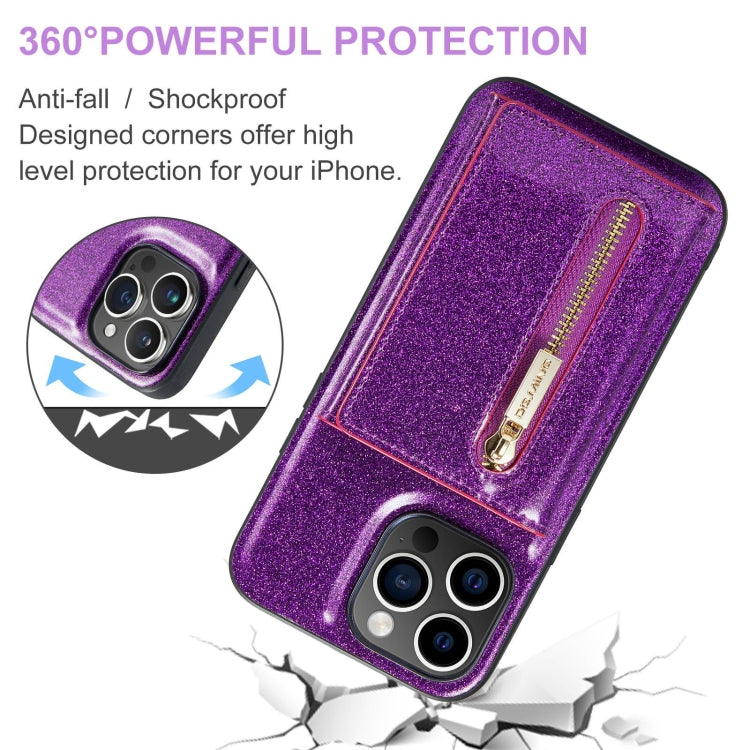 For iPhone 15 Pro Max DG.MING M3 Series Glitter Powder Card Bag Leather Phone Case(Dark Purple) - iPhone 15 Pro Max Cases by DG.MING | Online Shopping UK | buy2fix