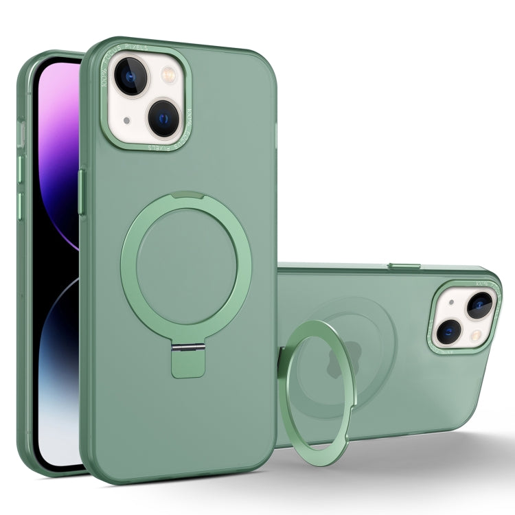 For iPhone 14 MagSafe Metal Holder Frosted Translucent Phone Case(Green) - iPhone 14 Cases by buy2fix | Online Shopping UK | buy2fix