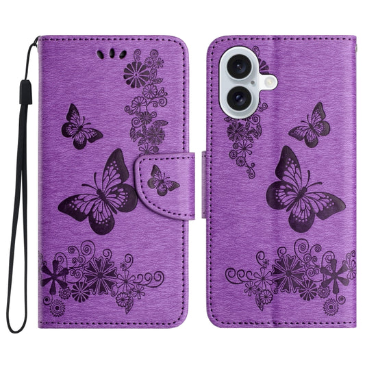 For iPhone 16 Plus Butterfly Embossed Flip Leather Phone Case(Purple) - iPhone 16 Plus Cases by buy2fix | Online Shopping UK | buy2fix