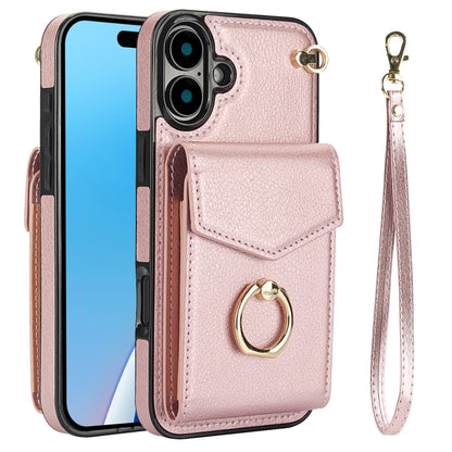 For iPhone 16 Ring Holder RFID Card Slot Phone Case(Rose Gold) - iPhone 16 Cases by buy2fix | Online Shopping UK | buy2fix