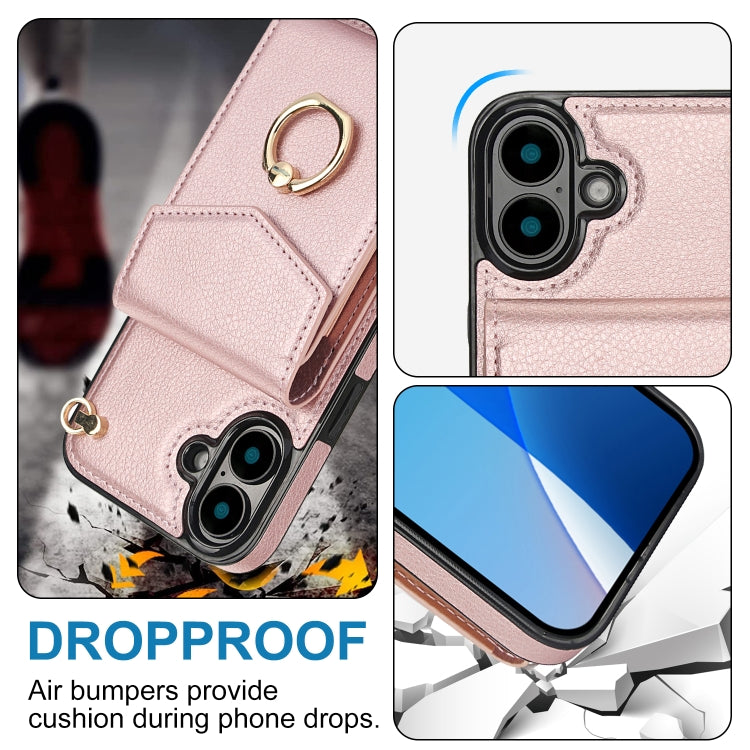 For iPhone 16 Ring Holder RFID Card Slot Phone Case(Rose Gold) - iPhone 16 Cases by buy2fix | Online Shopping UK | buy2fix