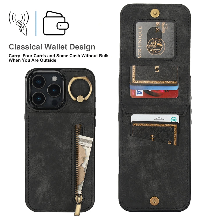 For iPhone 16 Pro Retro Ring and Zipper RFID Card Slot Phone Case(Black) - iPhone 16 Pro Cases by buy2fix | Online Shopping UK | buy2fix