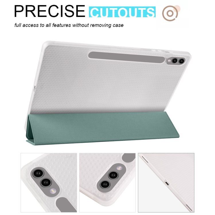 For Samsung Galaxy Tab S9+ 3-folding Transparent TPU Smart Leather Tablet Case with Pen Slot(Green) - Galaxy Tab S9+ Cases by buy2fix | Online Shopping UK | buy2fix