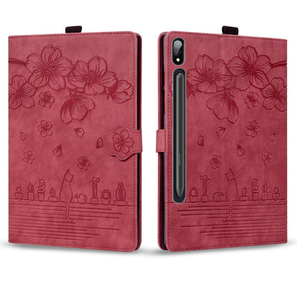 For Samsung Galaxy Tab S9+ /S8+ /S7+ Cartoon Sakura Cat Embossed Smart Leather Tablet Case(Red) - Galaxy Tab S9+ Cases by buy2fix | Online Shopping UK | buy2fix