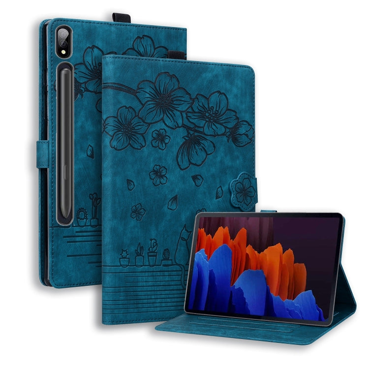 For Samsung Galaxy Tab S9+ /S8+ /S7+ Cartoon Sakura Cat Embossed Smart Leather Tablet Case(Blue) - Galaxy Tab S9+ Cases by buy2fix | Online Shopping UK | buy2fix