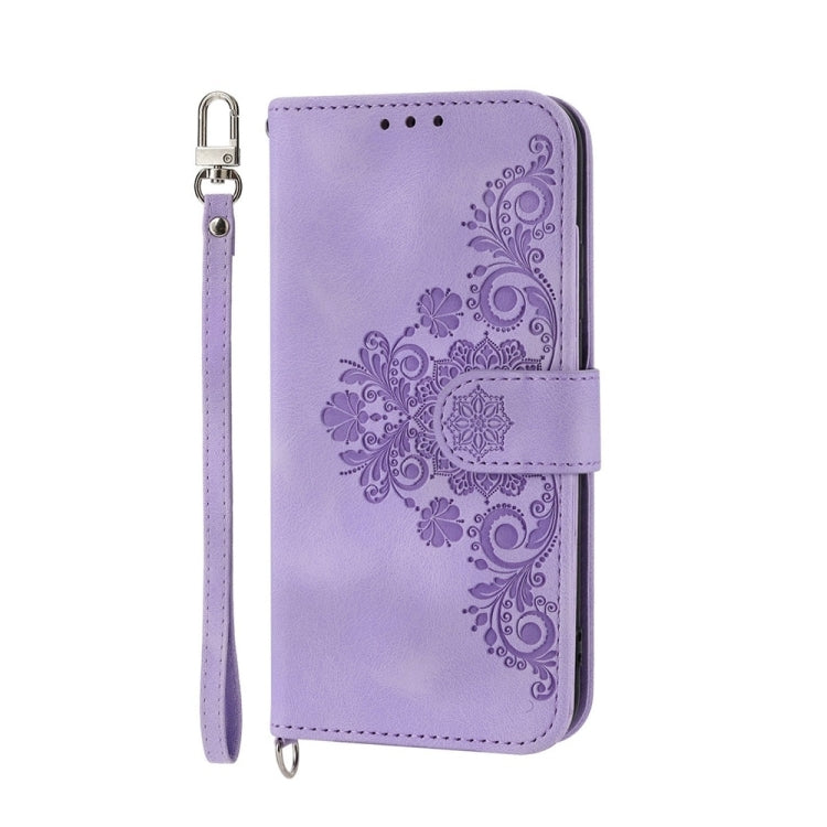 For iPhone SE 2024 Skin-feel Flowers Embossed Wallet Leather Phone Case(Purple) - More iPhone Cases by buy2fix | Online Shopping UK | buy2fix