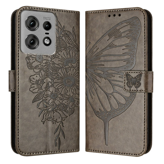 For Motorola Edge 50 Pro Embossed Butterfly Leather Phone Case(Grey) - Motorola Cases by buy2fix | Online Shopping UK | buy2fix