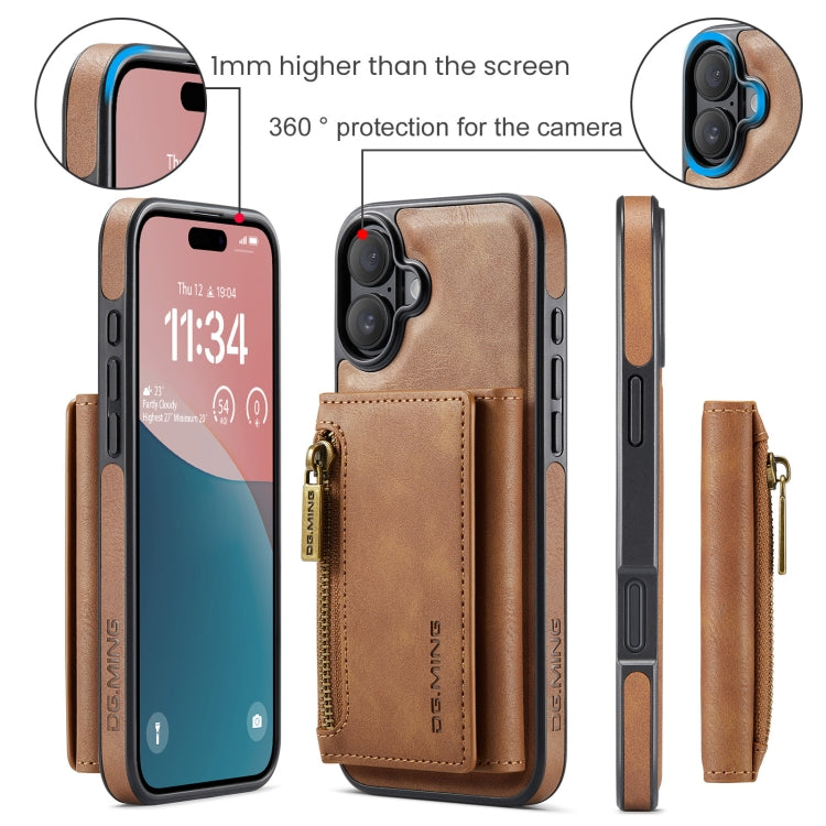 For iPhone 16 DG.MING M5 Series Zip RFID Multi Card Detachable Leather Phone Case(Brown) - iPhone 16 Cases by DG.MING | Online Shopping UK | buy2fix