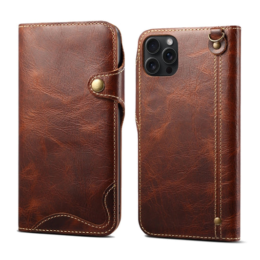 For iPhone 15 Pro Denior Oil Wax Cowhide Magnetic Button Genuine Leather Case(Brown) - iPhone 15 Pro Cases by Denior | Online Shopping UK | buy2fix