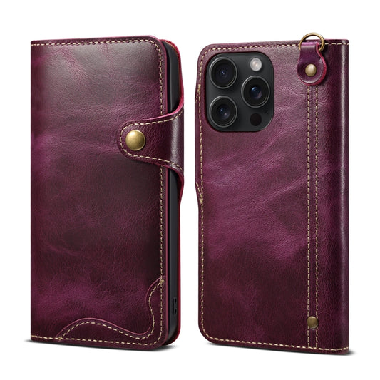 For iPhone 15 Pro Denior Oil Wax Cowhide Magnetic Button Genuine Leather Case(Purple) - iPhone 15 Pro Cases by Denior | Online Shopping UK | buy2fix