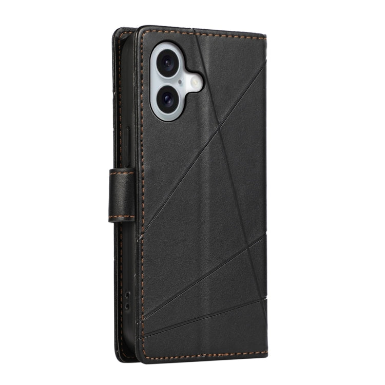 For iPhone 16 PU Genuine Leather Texture Embossed Line Phone Case(Black) - iPhone 16 Cases by buy2fix | Online Shopping UK | buy2fix