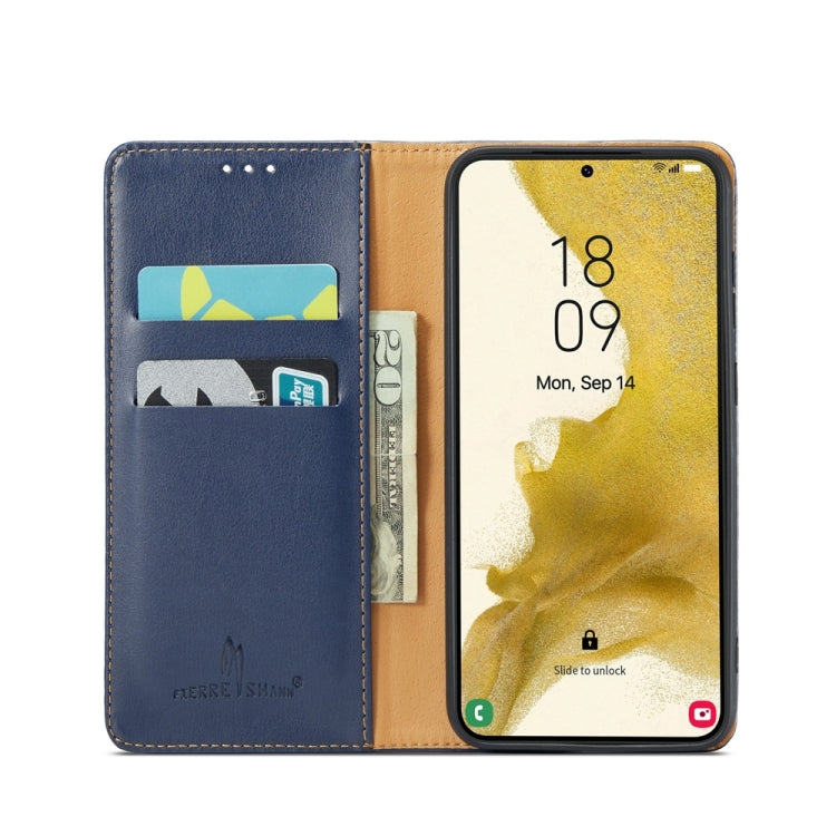 For Samsung Galaxy S24 5G Fierre Shann PU Genuine Leather Texture Phone Case(Blue) - Galaxy S24 5G Cases by FIERRE SHANN | Online Shopping UK | buy2fix