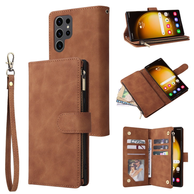 For Samsung Galaxy S24 Ultra 5G Multifunctional Frosted Zipper Wallet Leather Phone Case(Brown) - Galaxy S24 Ultra 5G Cases by buy2fix | Online Shopping UK | buy2fix