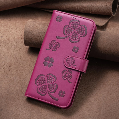 For iPhone 16 Plus Four-leaf Embossed Leather Phone Case(Rose Red) - iPhone 16 Plus Cases by buy2fix | Online Shopping UK | buy2fix