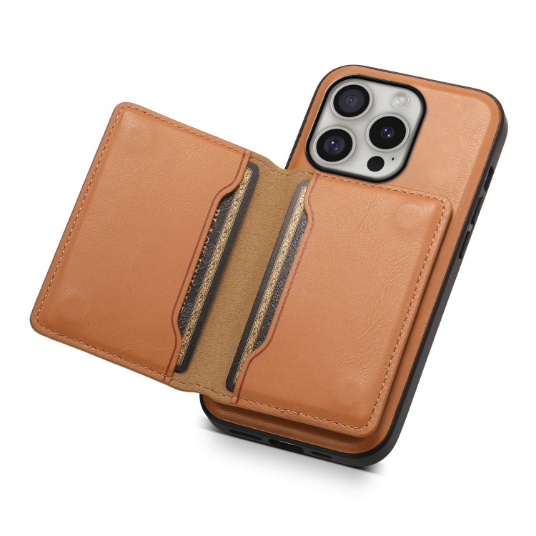 For iPhone 16 Pro Denior Cowhide Texture Leather MagSafe Detachable Wallet Phone Case(Khaki) - iPhone 16 Pro Cases by Denior | Online Shopping UK | buy2fix