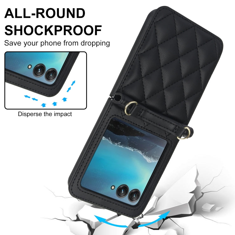 For Motorola Razr 40 Ultra Rhombic Texture Phone Case with Long & Short Lanyard(Black) - Motorola Cases by buy2fix | Online Shopping UK | buy2fix