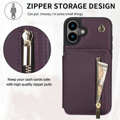 For iPhone 16 Plus YM006 Skin Feel Zipper Card Bag Phone Case with Dual Lanyard(Dark Purple) - iPhone 16 Plus Cases by buy2fix | Online Shopping UK | buy2fix