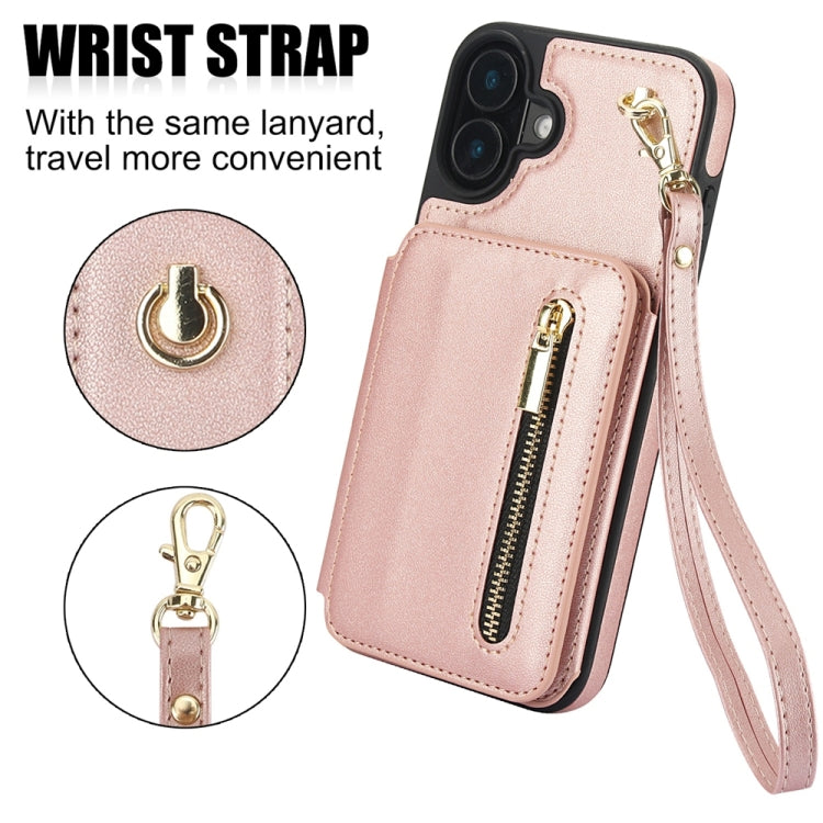 For iPhone 16 Plus YM006 Skin Feel Zipper Card Bag Phone Case with Dual Lanyard(Rose Gold) - iPhone 16 Plus Cases by buy2fix | Online Shopping UK | buy2fix