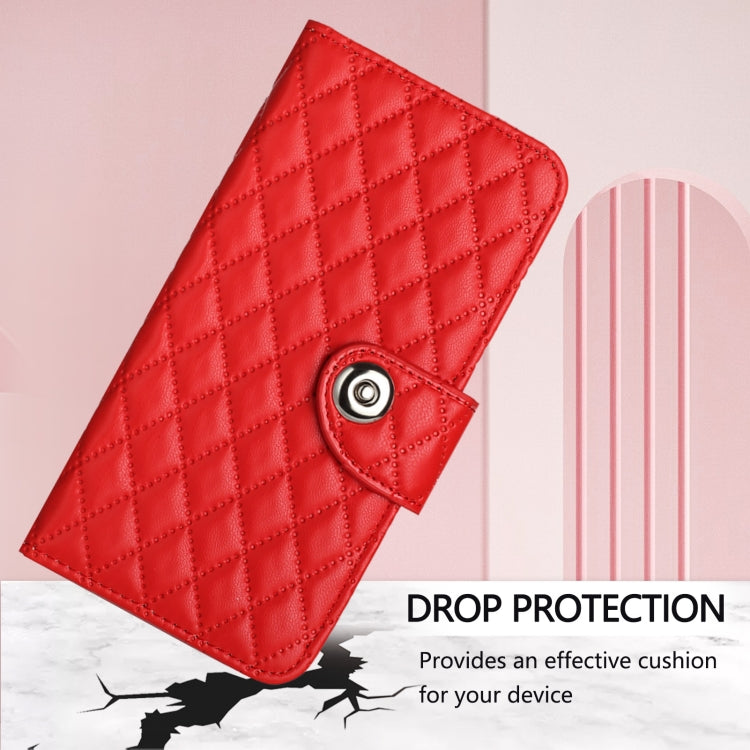 For iPhone 16 Pro Rhombic Texture Flip Leather Phone Case with Lanyard(Red) - iPhone 16 Pro Cases by buy2fix | Online Shopping UK | buy2fix