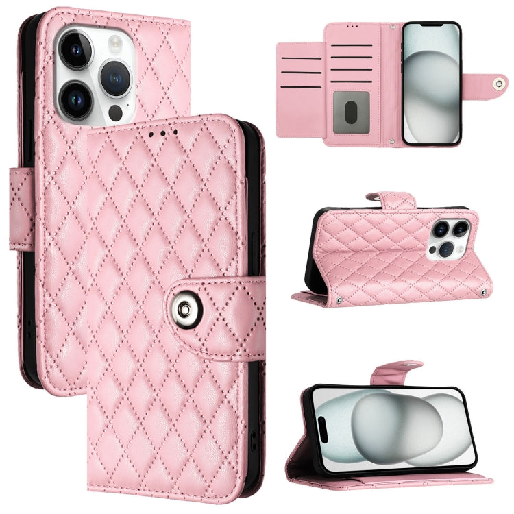 For iPhone 16 Pro Rhombic Texture Flip Leather Phone Case with Lanyard(Pink) - iPhone 16 Pro Cases by buy2fix | Online Shopping UK | buy2fix